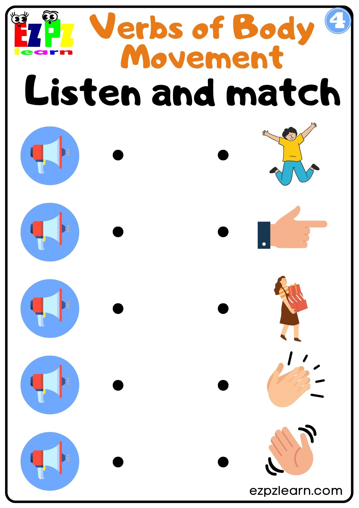 Verbs of Body Movement Interactive Vocabulary Worksheet Listen and Match the Correct Images Activity for Kids, K3 and ESL Students G4